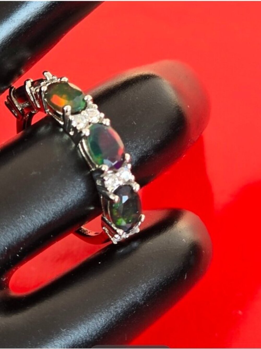 925 Sterling Silver Ring Sz 6.5  With Natural Blk Opals 4x6mm & CZ